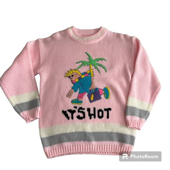 Jamie Scott Sweaters - Vtg Retro Jamie Scott Pink It’s Hot Tropical Vacation Knit Pullover Sweater S